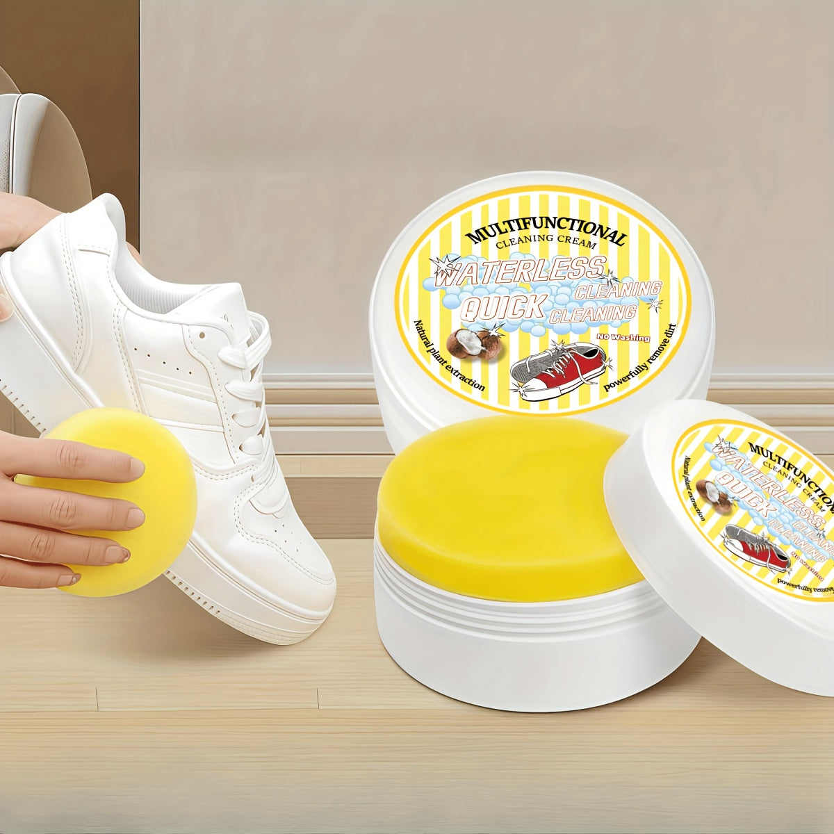 Multi-Purpose Shoe Cleaner Gel with Sponge – Instant Whitening & Stain Removal for Sneakers, Faux Leather Goods, Car Interiors & More – Jasmine Scented, Concentrated Formula for Effortless Cleaning, Illustrated Instructio