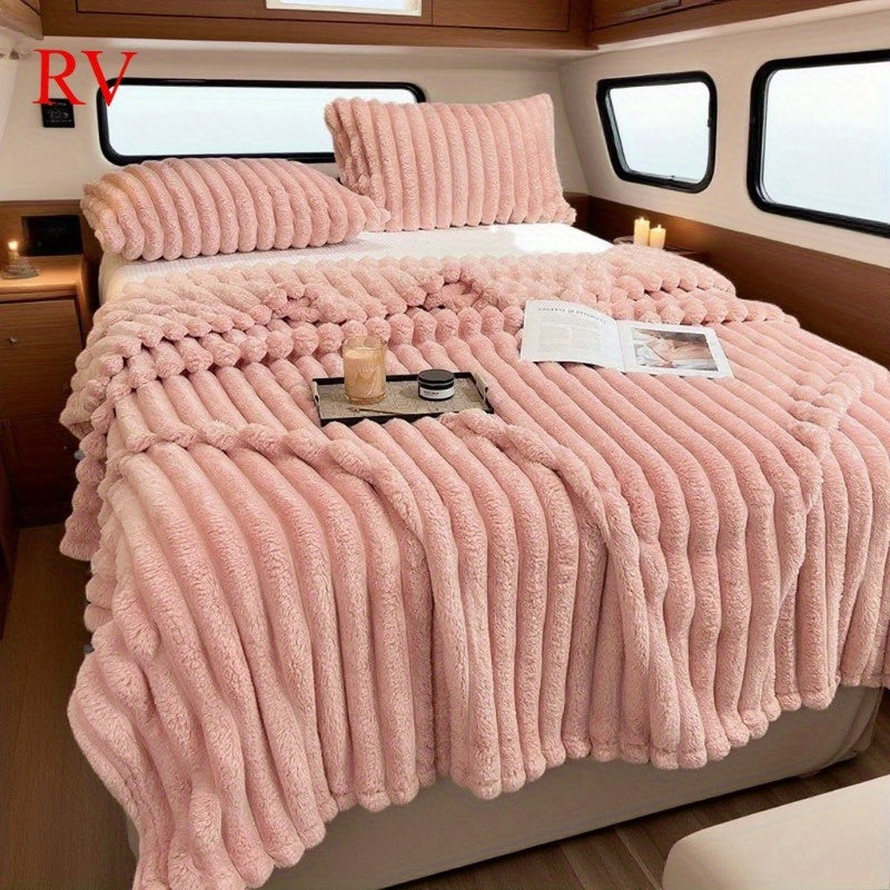1pc 180*200cm Double Family High-Quality Extra Thick Striped RV Blanket - Ultra Soft and Warm Bedding Essential for All Seasons - Polyester Fabric, Thick and Comfortable - Lightweight and Portable RV Interior Bedding