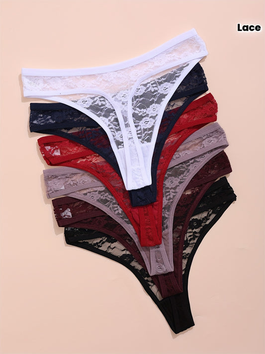 NEW 6PCS Set Women's Sexy Lace Thongs - Low-Rise V-String Panties with Contrast Lace Trim, Breathable & Comfortable for Casual Attire, Assorted Colors (Black, White, Red, Navy Blue, Burgundy, Dark Purple), Lace Panties, Intim