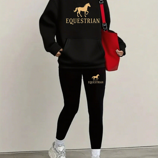 Women's Equestrian Style Black Hoodie & Leggings Set - Cozy Long Sleeve Pullover with Pockets, Comfortable Stretch Fabric, Perfect for Fall/Winter Travel & Casual Wear, Casual Wear Hoodie |Equestrian Theme| Stretchy Fabric