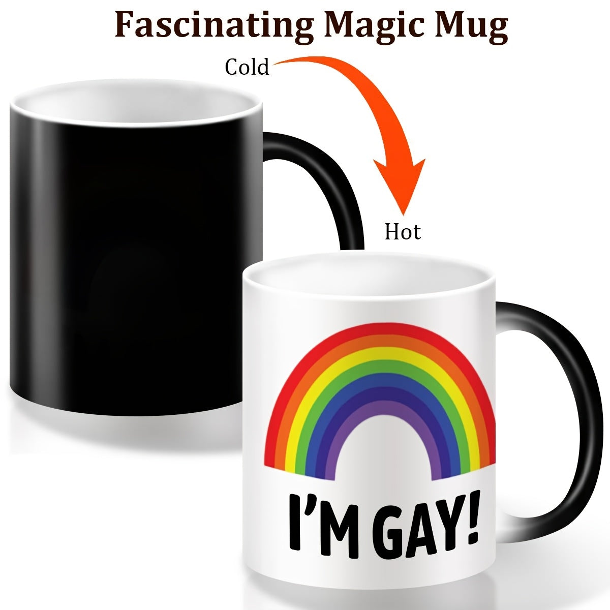 1-Pack Rainbow "I'm Gay!" Ceramic Coffee Mug - Color-Changing Humorous LGBTQ Pride Cup with Heat-Sensitive Design, Hand Wash Only, Funny Gift for Men, Boyfriend, Best Friend (Mother's Day, Birthday, Father's Day