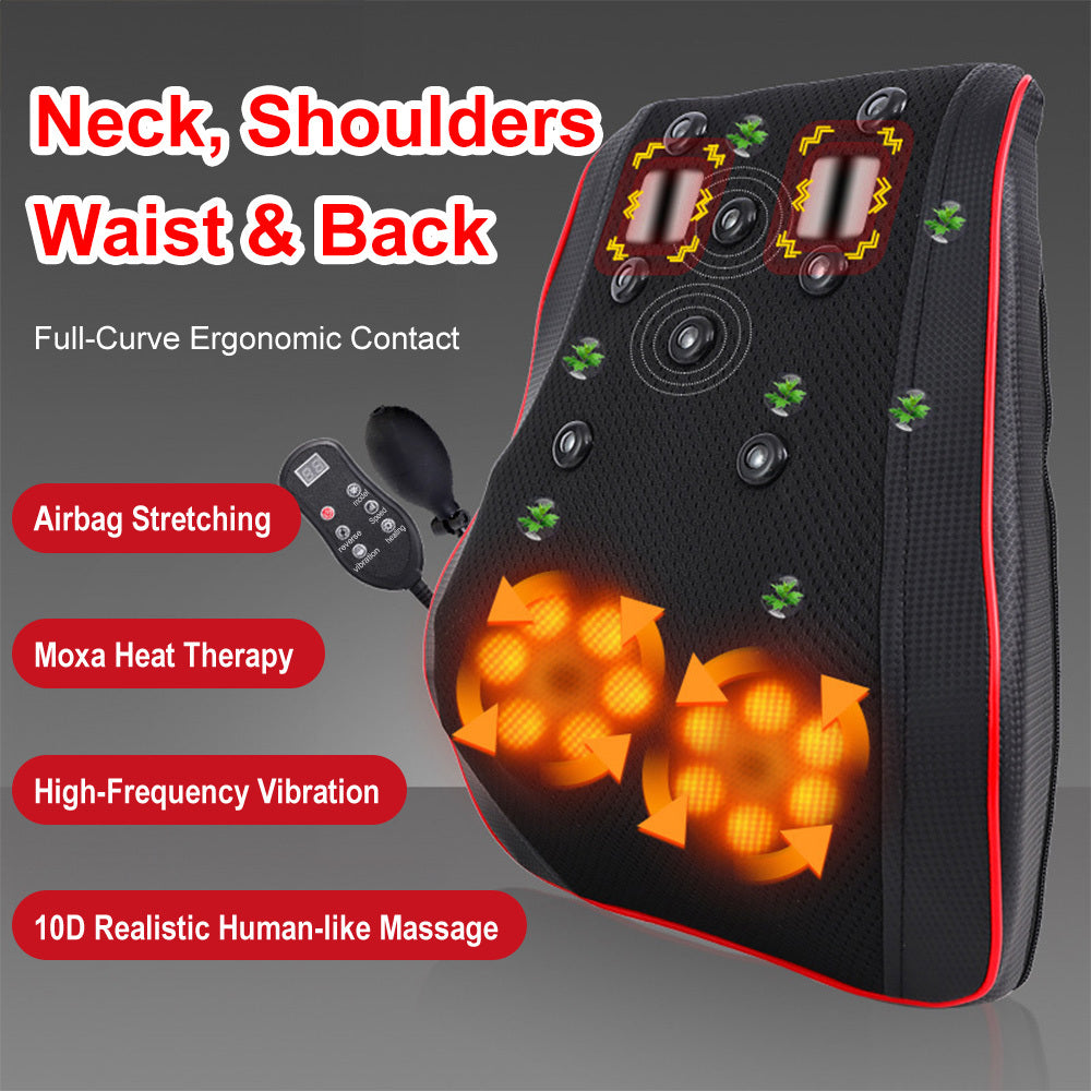 Full-Body Massage Pad with 10D Realistic Kneading Airbag Stretching Moxa Heat Therapy High-Frequency Vibration Ergonomic Design Remote Control Adjustment for Neck Shoulders Waist Back Home Office Comfort Massager