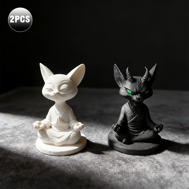 2 PCS Black and White Cat Set Zen Dual Face Cat Statue - Black & White Meditation Figurine with Dual-Sided Zen/Buddha Expression, Plastic Suitable for Home Office Desk Decor, Zen Gift for, Minimalist Tabletop Decoration