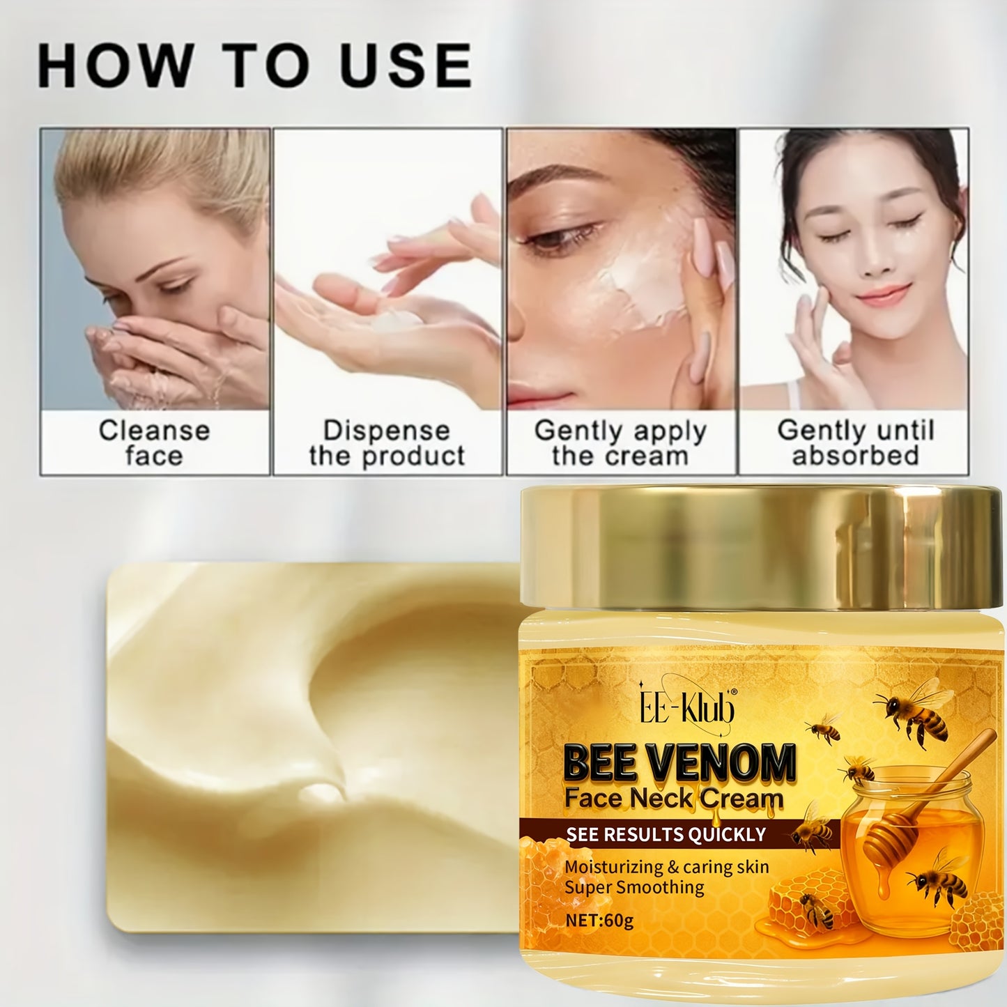 Bee Venom Firming Neck Cream with Light Beige Care Ingredients, Collagen, Bee Toxin, and Hyaluronic Acid to and Fine Lines, Day and Night Use - Light Beige Care, Fashionable Packaging, 60g/2.12oz, Suitable for All Light Beige