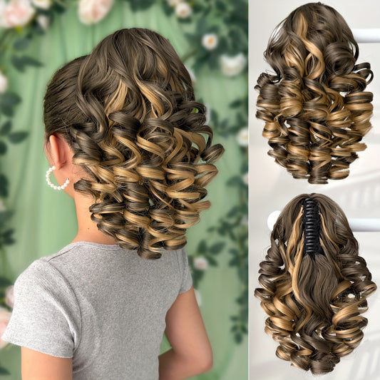 30.48cm Women's Heat-Resistant Synthetic Ponytail Wig - 12" Deep Wave Curly Hair Extension with Brown/Black/Blonde/Red/Gray/Beige/White