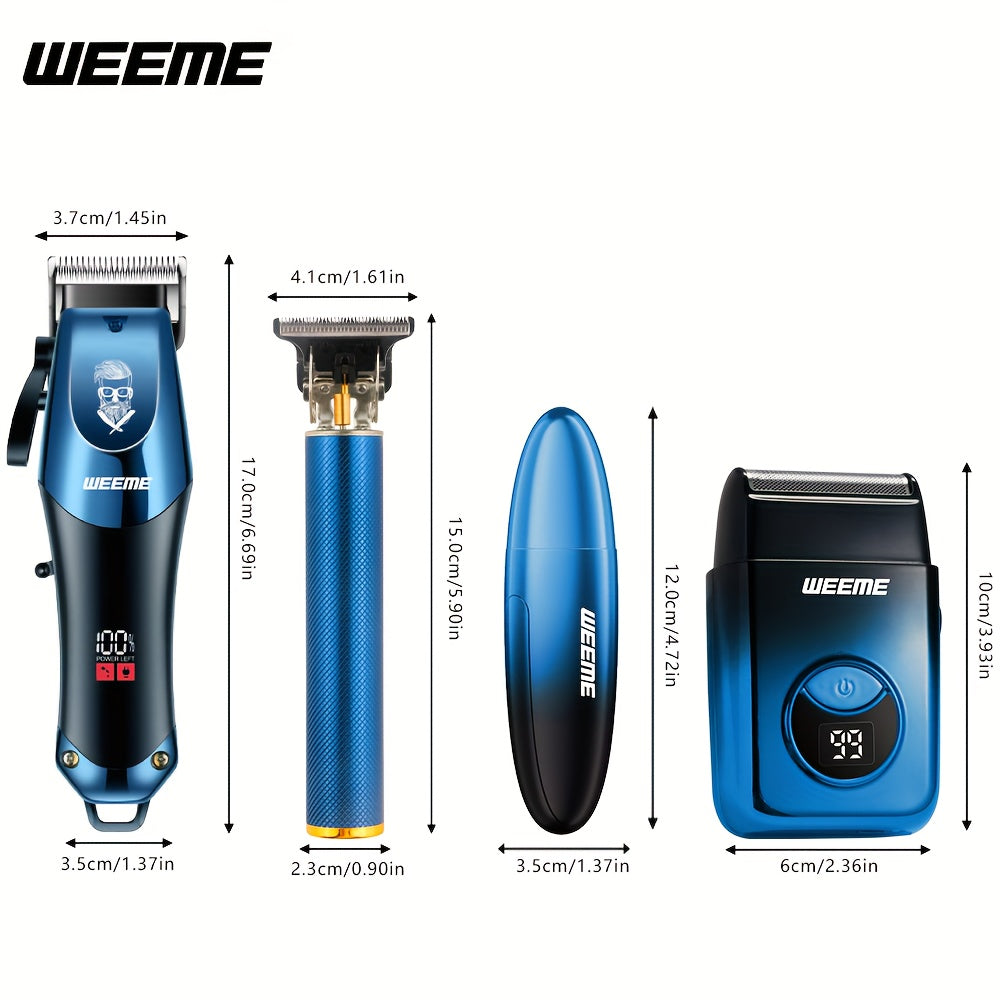4 PCS Set Men's electric hair clipper, nose hair clipper, shaver set - wireless USB charging professional hair clipper set with lithium battery - his ideal gift, hair accessories | modern hair clipper tools | fashionable blue