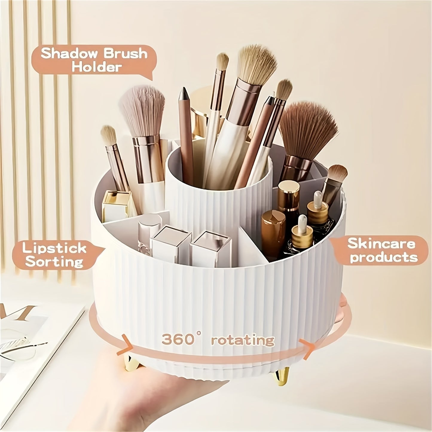 5 Colors 360° Rotating Makeup Organizer - 1pc Plastic Cosmetic Storage with 5 Compartments - Multi-Functional Holder for Brushes, Lipsticks, Skin Care Products, and Stationery - Durable Unscented Desk Caddy with Luxury Strip