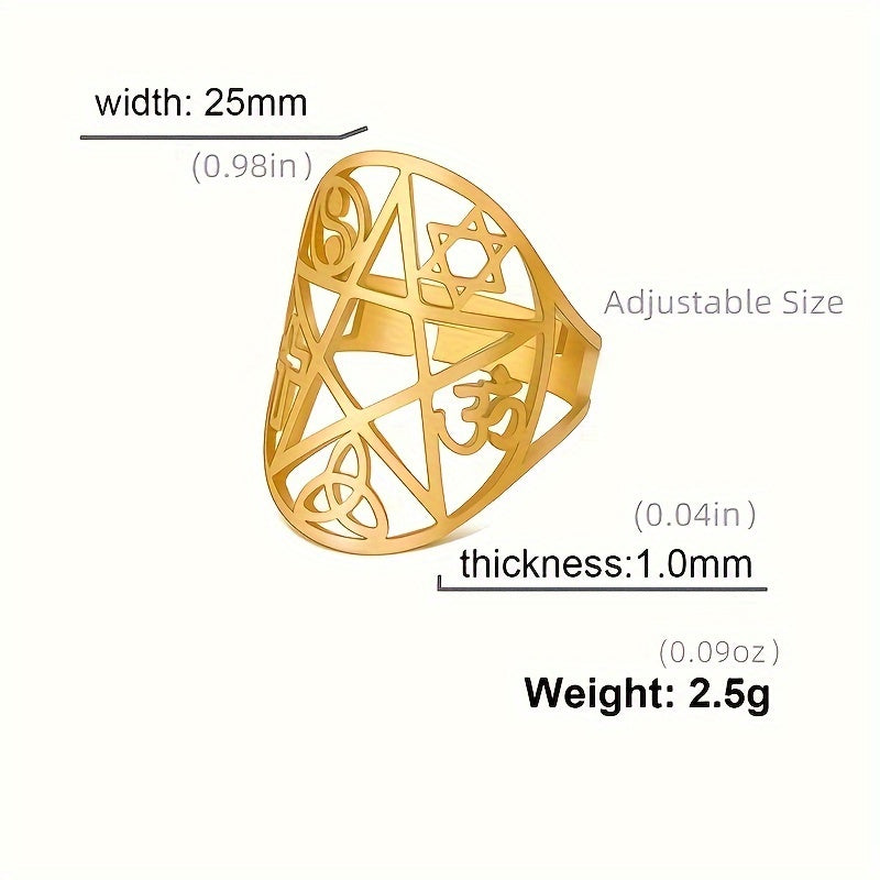 Boho Style Stainless Steel Ring, Women's Men's Pentagram & Celtic Knot Protection Signet, Triangular Cross Spiral Charm, Irish Jewelry Gift