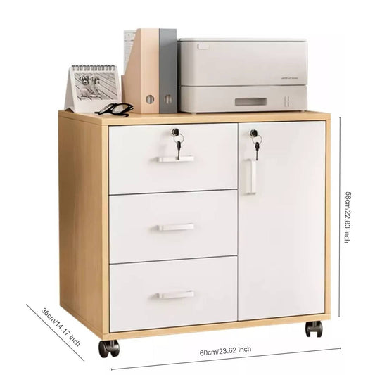 Three-Drawer File Cabinet, Movable Printer Stand with Adjustable Shelf, Rolling Lateral Filing Cabinet on Wheels, Bedside Storage Unit with Lock And Removable Wheels, Anti-Theft End Table for Document Storage in The Bedroom