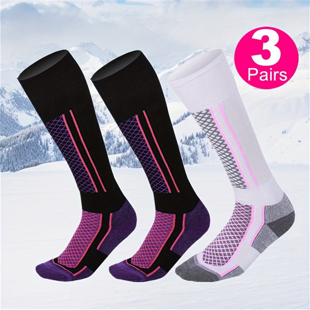 3pcs Pack Women's Thick Warm Ski Socks - Tall Outdoor Winter Sports Sock Suitable for Skiing, Snowboarding, Ice Skating - Striped Thermal Athletic Footwear Winter Sports Apparel Accessories