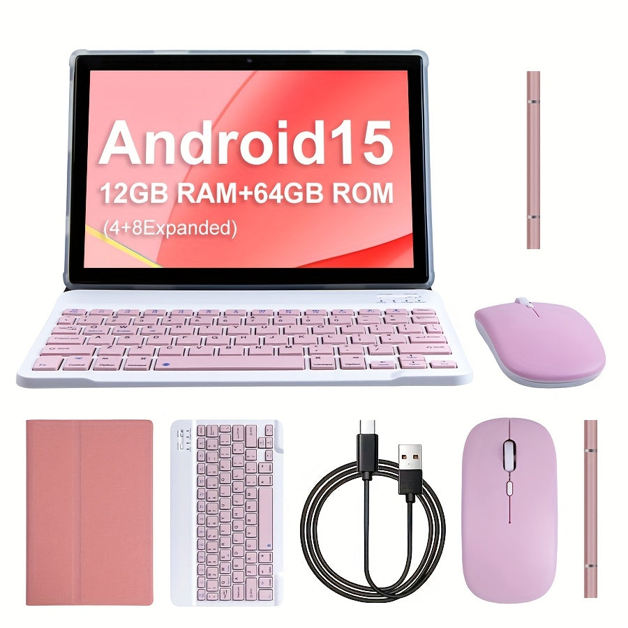 10.1-inch Android 15, 2-in-1 tablet, 64GB ROM+(4GB+8GB expansion) 12GB RAM, 5MP dual camera, 8-core processor, 1280 * 800IPS high-definition display screen, 5G Wi Fi 6, Google, equipped with mouse, stylus, keyboard, anti drop
