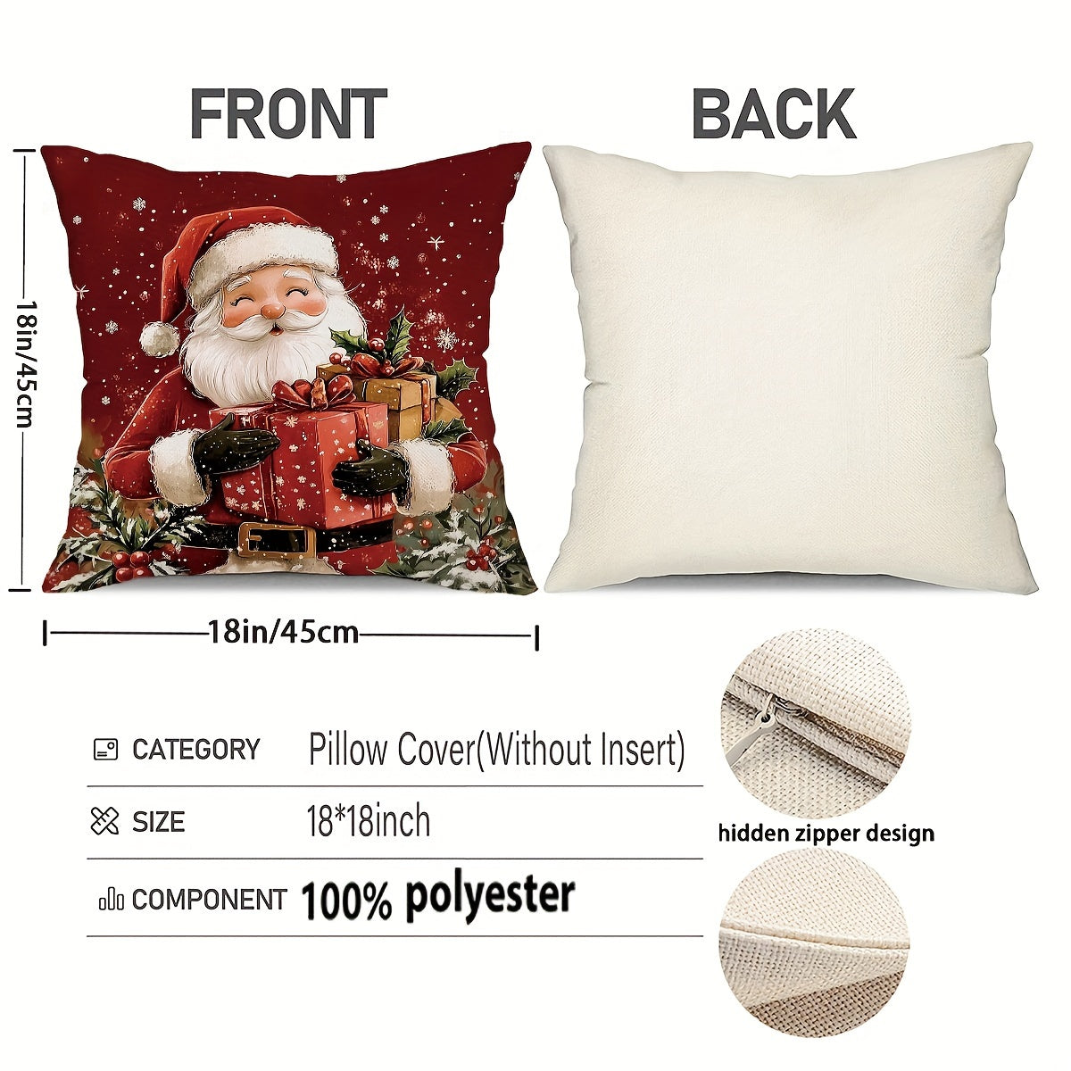 4pcs Festive Christmas Throw Pillow Covers, 45.72x45.72 cm, Zipper Closure, Retro Santa & Snowman Designs with Gift Boxes and Wreaths, Farmhouse Holiday Decor for Porch, Patio, Couch, Sofa, Living Room – No Inserts Included