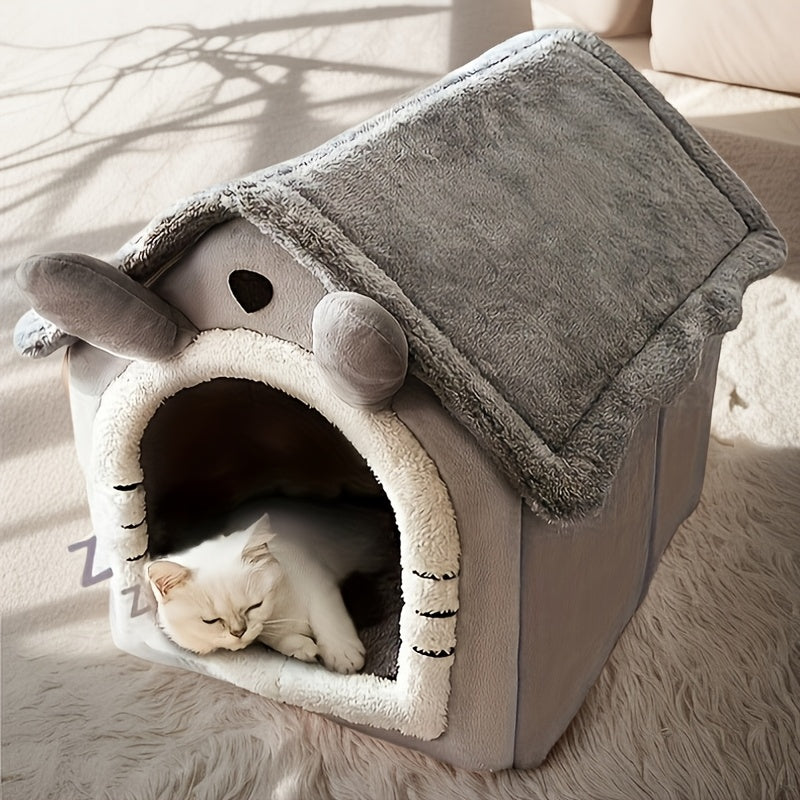 Cozy Pet House for Cats & Dogs - Detachable, Washable Winter Bed | Soft Polyester Cat Cave Nest with Classic Style