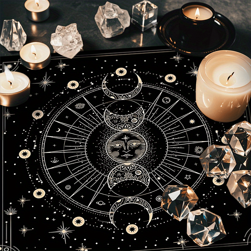 Bohemian Sun Moon Mandala Altar Cloth Celestial Horoscope Tarot Card Tablecloth Moon Phase Black Gaming Tablecloth Spiritual Guidance Reading Card Pendulum Mat Future Prediction Divination Cloth Portable Witchcraft Astrology