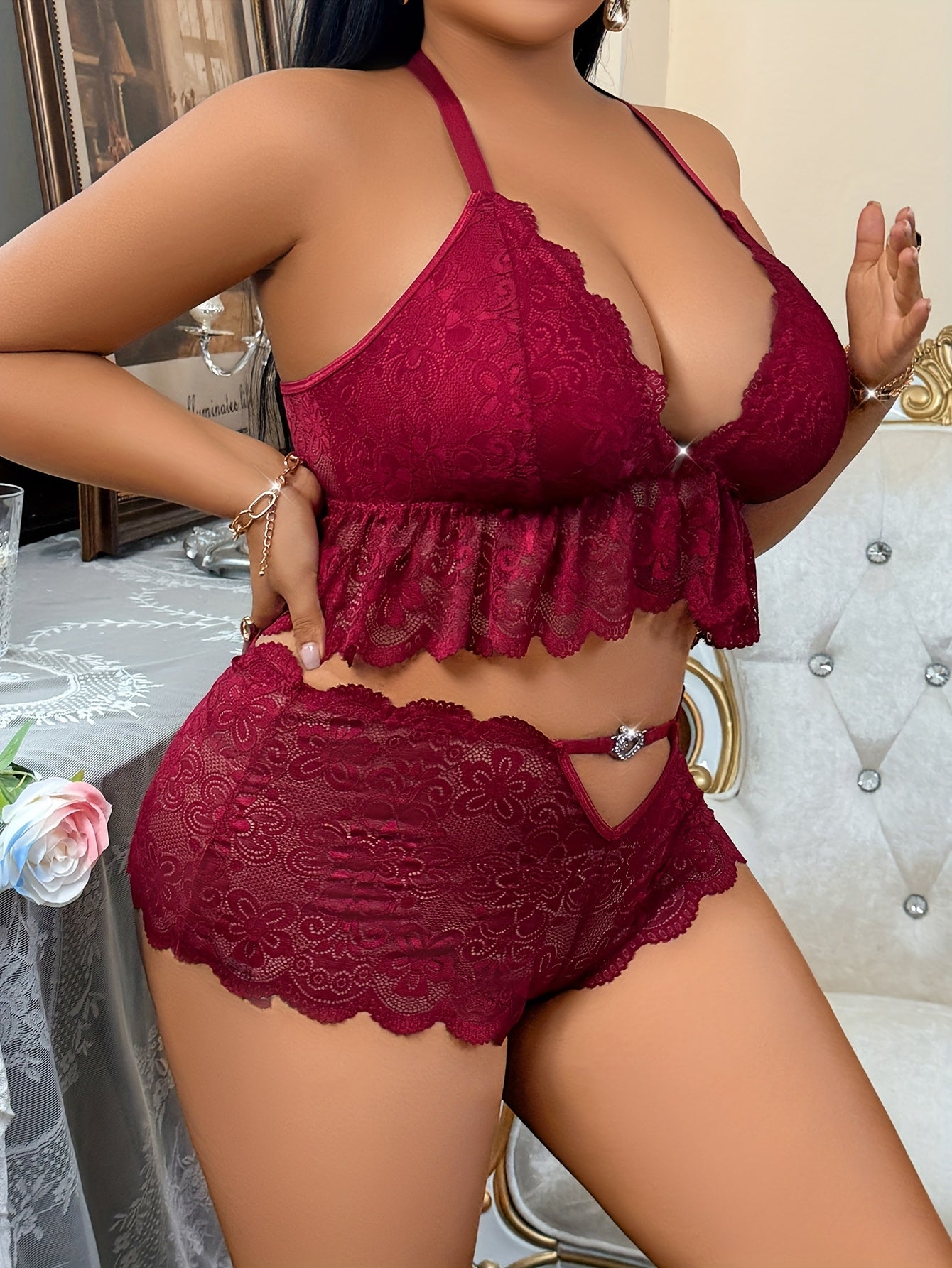 XL-7XL For Curvy Ladies 2 PCS Set UK Plus Size Front-Closure Lace Panel Sexy Back Three-Ring Buckle Lingerie Set with Heart-Shaped Hollow Pants Big Women Sexy Lingerie Sets