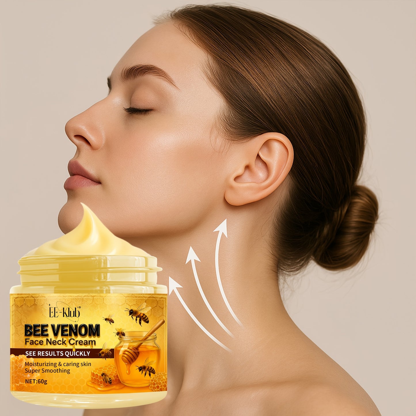 Bee Venom Firming Neck Cream with Light Beige Care Ingredients, Collagen, Bee Toxin, and Hyaluronic Acid to and Fine Lines, Day and Night Use - Light Beige Care, Fashionable Packaging, 60g/2.12oz, Suitable for All Light Beige