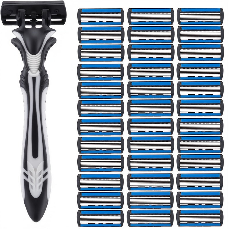 1 Handle +12 Six-Layer Replacement  Blades Set Head White and Black Handle Manual Shaving Razor Sets Men Grooming Tool Sets