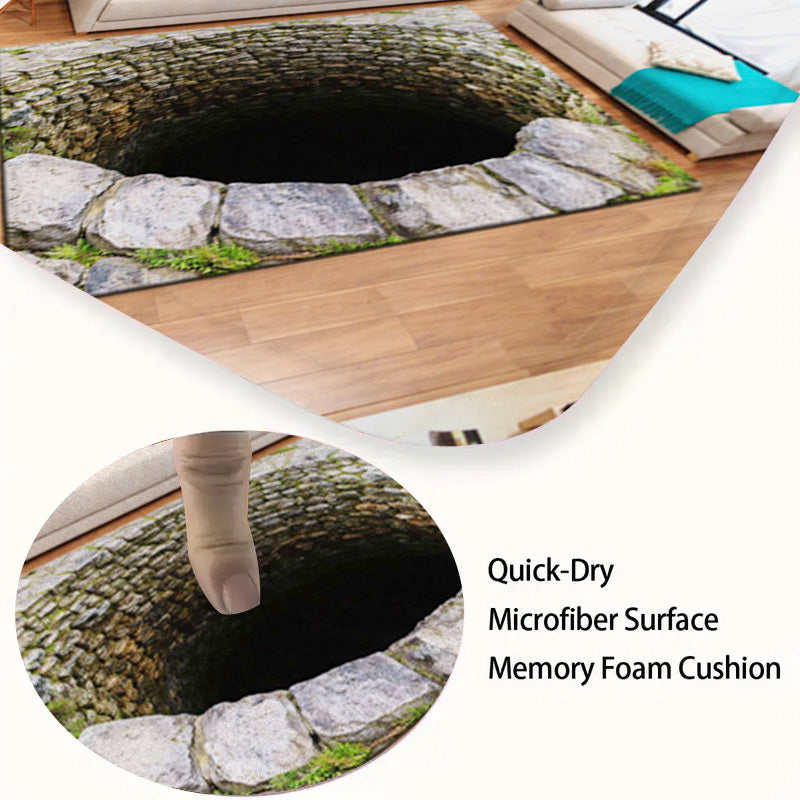3 PCS Set Old Stone Well Pattern Plush Flannel Non-Slip Toilet Mat | Absorbent, Washable, Decorative, Realistic 3D Illusion for Bath, Home Accents, Entrance, Kitchen, Living Room