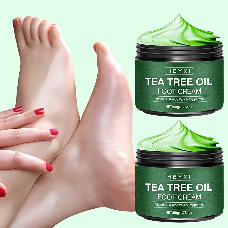 2 PCS Set Tea Tree Oil Foot Cream, Enriched with Vitamin E, Aloe Vera, and Mint, Effectively Moisturizes Dry, Rough, and Cracked Skin, with a Long-lasting Fresh Fragrance. Foot Care Formula Contains Plant-derived Squalane