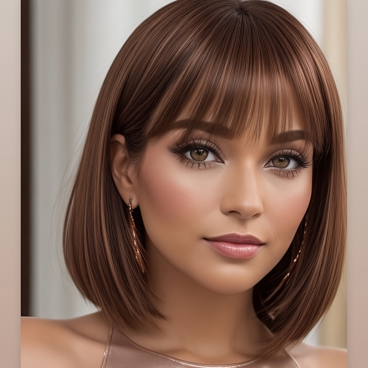Hot Explosive 30.48 cm Light and Dark Brown Bangs Wig for Women - Versatile Wear and Party Cosplay, Straight Hair, High Temperature F, Rose Net Cap, Anime Cosplay