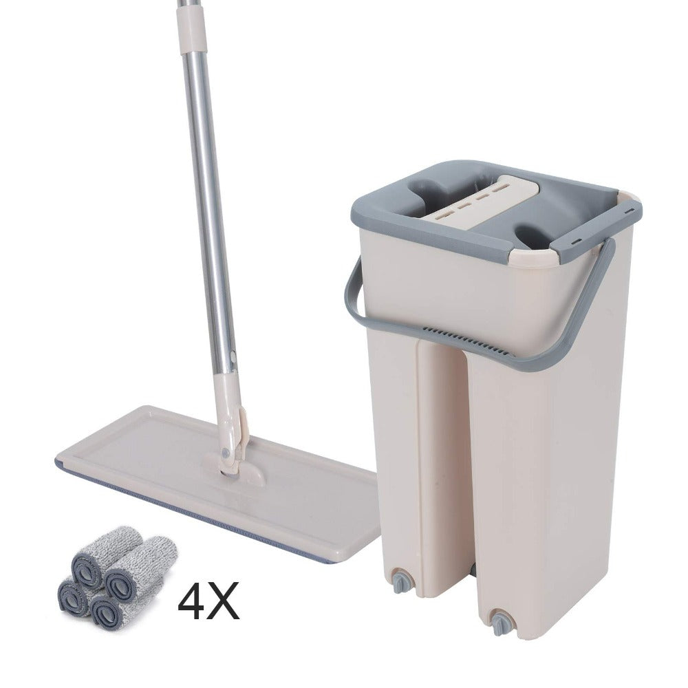 360° Flat Mop Set + 4 Squeeze Microfiber Mop and Bucket Set Floor Mop and Bucket System Set Mop Home Floor Tiles Cleaning Wet Dry Cleaning Buckets for Floor Cleaning