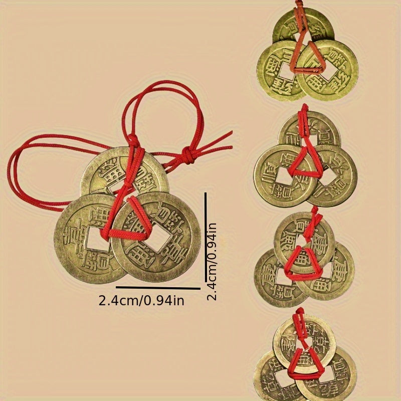 NEW 9 PCS  Retro Chinese Traditional Red Rope Lucky Coins - Antique Brass Feng Shui Decorative Pendant, Feng Shui Decoration, New Year, Spring Festival, Christmas Decoration, Feng Shui Accessories