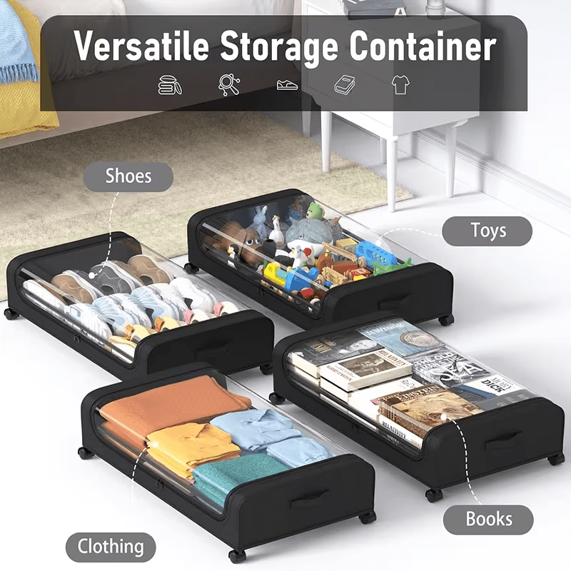 2 Sets, Underbed Storage Box, with Wheels Lid, 48L Metal Frame, Bed Box, Organizer, Storage Bag, Foldable Underbed Box for Clothes, Shoes, Blankets, Bedding, Home Furniture Supplies