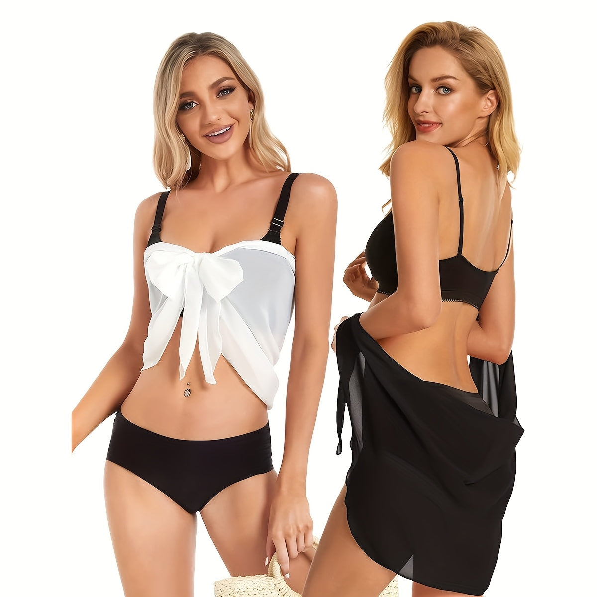 2 PCS Set Women's Black And White Beach Shawl Swimsuit Wrap Skirt Transparent Bikini Swimsuit Swimwear Set, Suitable for Beach Strolls