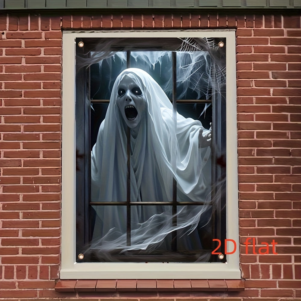 1-Pack Scary window banner - Halloween Decoration with Hanging Chains, No Electricity Needed, Easy to Hang Indoor/Outdoor - Spooky Party, Haunted House, Home Decor - Durable Polyester Fabric for Year-Round Halloween Displays,