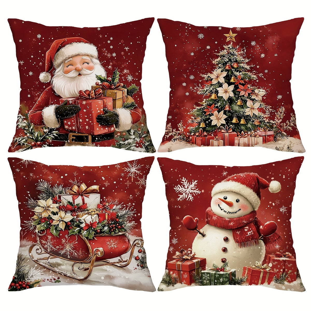 4pcs Festive Christmas Throw Pillow Covers, 45.72x45.72 cm, Zipper Closure, Retro Santa & Snowman Designs with Gift Boxes and Wreaths, Farmhouse Holiday Decor for Porch, Patio, Couch, Sofa, Living Room – No Inserts Included