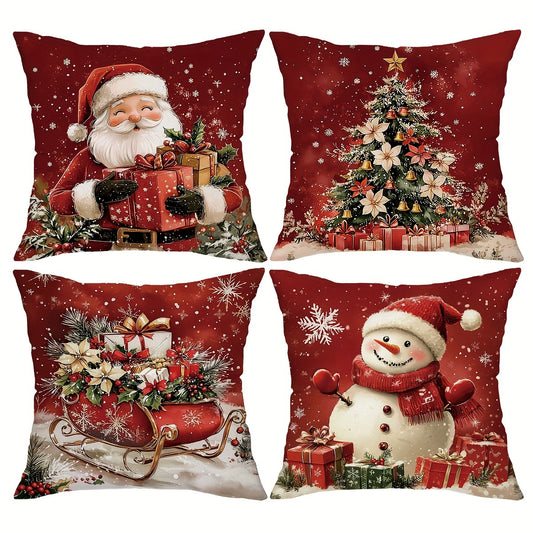 4pcs Festive Christmas Throw Pillow Covers, 45.72x45.72 cm, Zipper Closure, Retro Santa & Snowman Designs with Gift Boxes and Wreaths, Farmhouse Holiday Decor for Porch, Patio, Couch, Sofa, Living Room – No Inserts Included