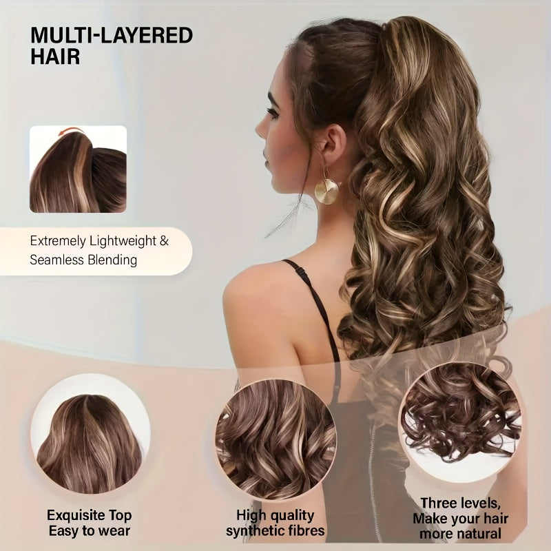 Elegant Light Brown Voluminous Wavy Ponytail Wig for Women, Thick Heat-Resistant Synthetic Curls with Deep Wave Texture, Perfect for All Ethnicities and Genders, Versatile Hair Accessory, Elegant Hairpiece, Look Wig, Heatresi