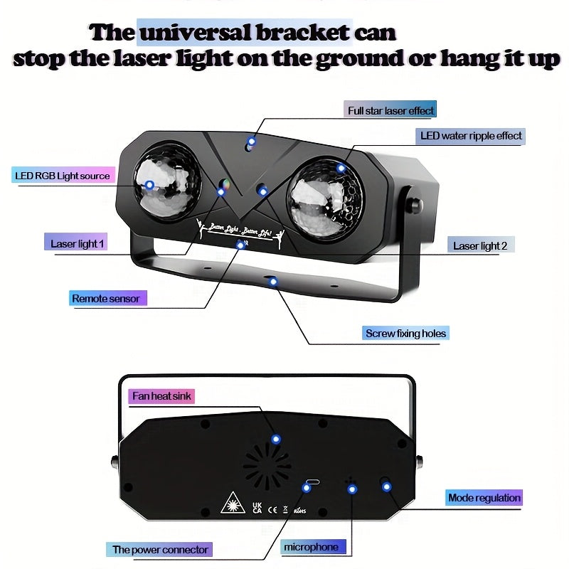 Double Magic Ball Laser stage light, LED + laser, flashing light effect, voice control with remote control, handle design, USB power supply, suitable for gatherings, parties, birthdays, festival essential atmosphere light, La