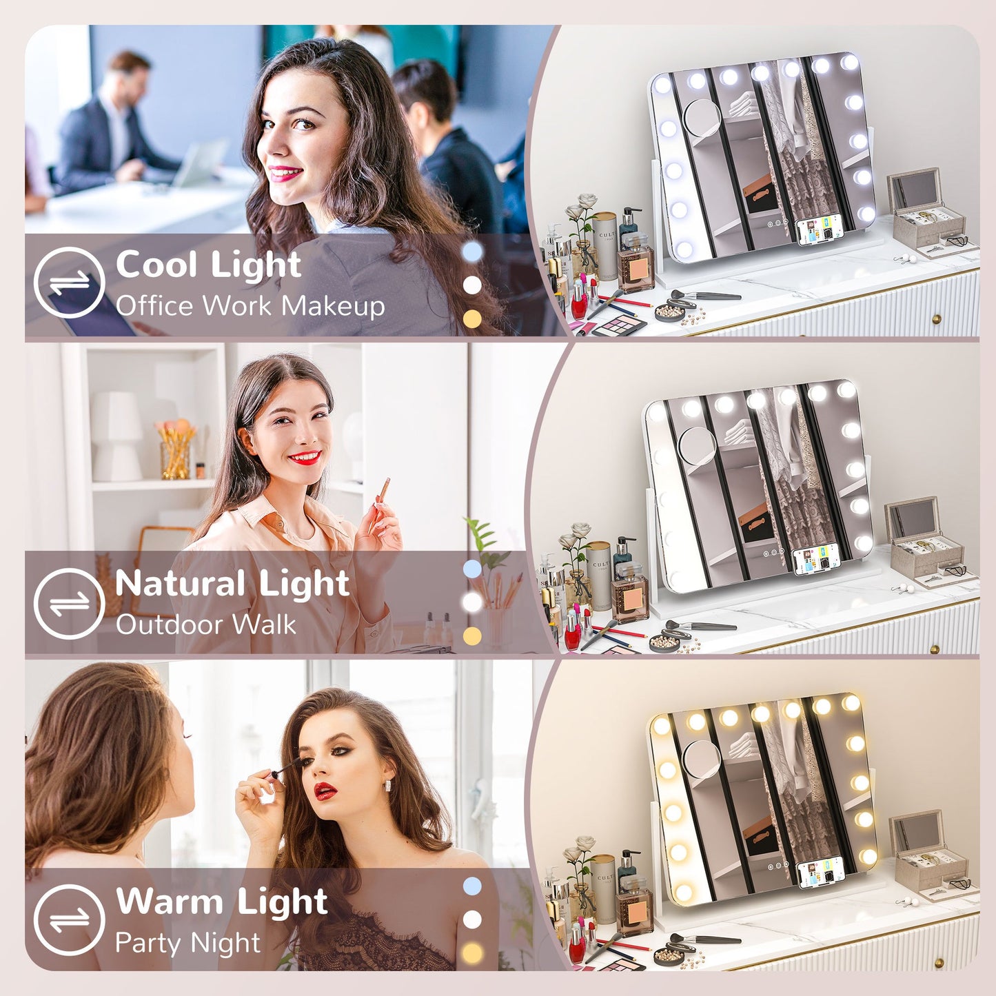 Hollywood Vanity Mirror with Lights, Large 63x50 cm Lighted Makeup Mirror with 3 Colour, 14 LED Bulbs, 10X Magnifying, USB Charging Port, Phone Holder, 360 Rotation, Touch Screen