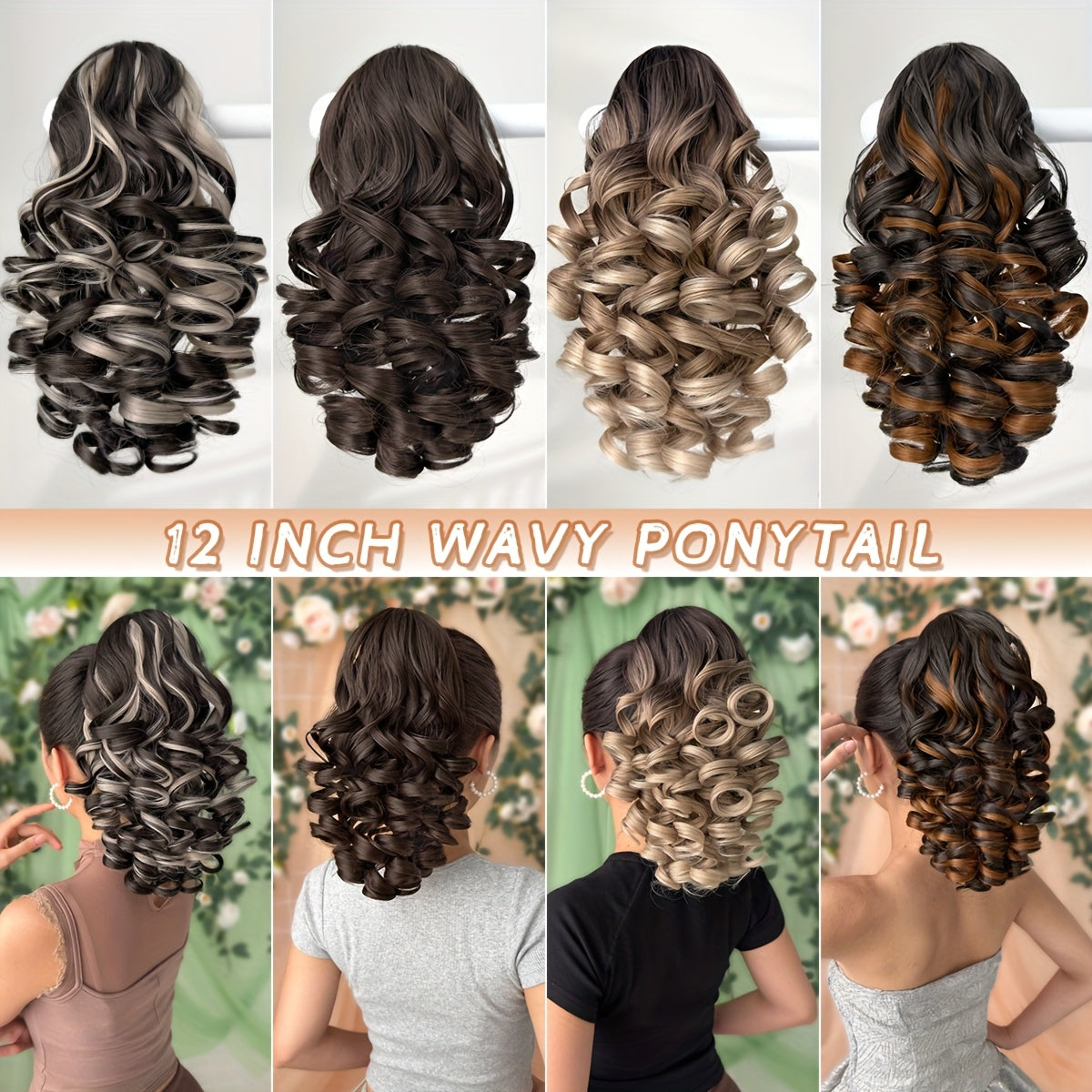 30.48cm Women's Heat-Resistant Synthetic Ponytail Wig - 12" Deep Wave Curly Hair Extension with Brown/Black/Blonde/Red/Gray/Beige/White