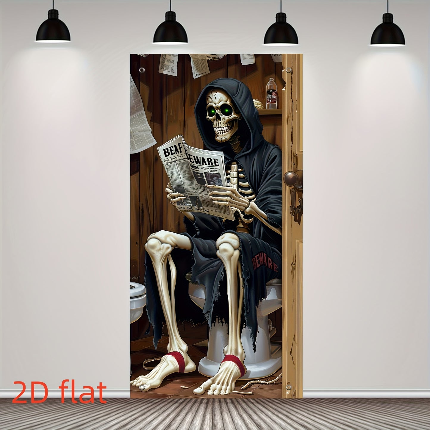 2D Door Banner Spooky Skeleton Reading Newspaper Halloween Door Banner - 89.92cm x 179.83cm Polyester Outdoor & Party Decoration with Sunflowers, Jack-O'-Lanterns, and "BEWARE" Sign, Perfect for Festive Celebrations, Hallowee