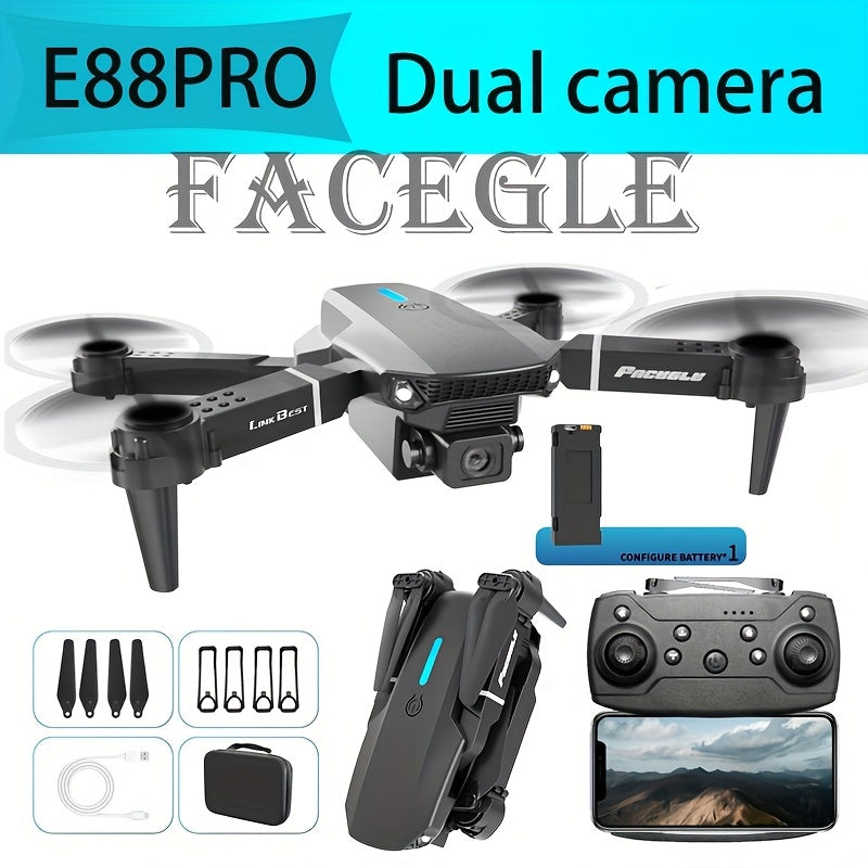 E88 Pro! Featuring a Foldable Design,  Compact And Lightweight, Available in Two Minimalist Colors: Black And Gray, Along with a Sturdy Build. It Has Dual 480P Cameras And Remote Control Operation