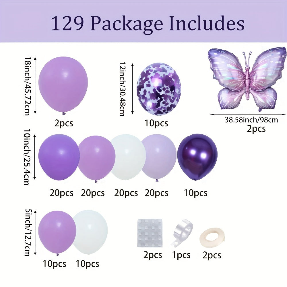 129pcs Purple Butterfly Balloon Garland Arch Kit - Elegant Purple & Balloon Set with Heart-Shaped Balloons, Perfect for Weddings, Birthdays, Anniversaries, Valentine'S Day, Christmas, Halloween, Party Decorations, Graduations