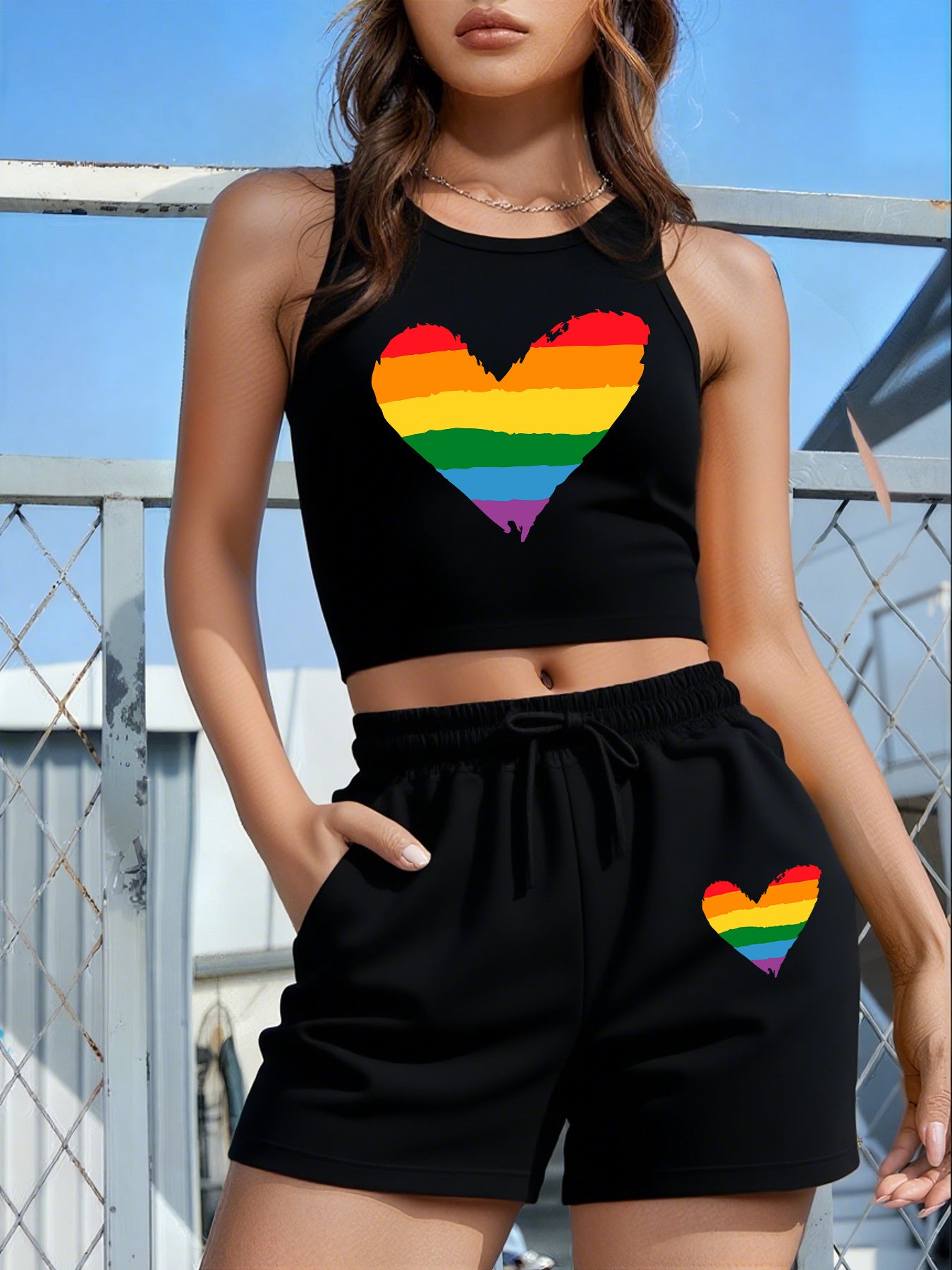 2PCS Set 5 Colors Women's LGBTQ+ Pride Heart Graphic - Sleeveless Vest & Loose Shorts Outfit in Red with Green/Purple Stripes, Drawstring Waist - Machine Washable Lounge, Party, Everyday Outfits