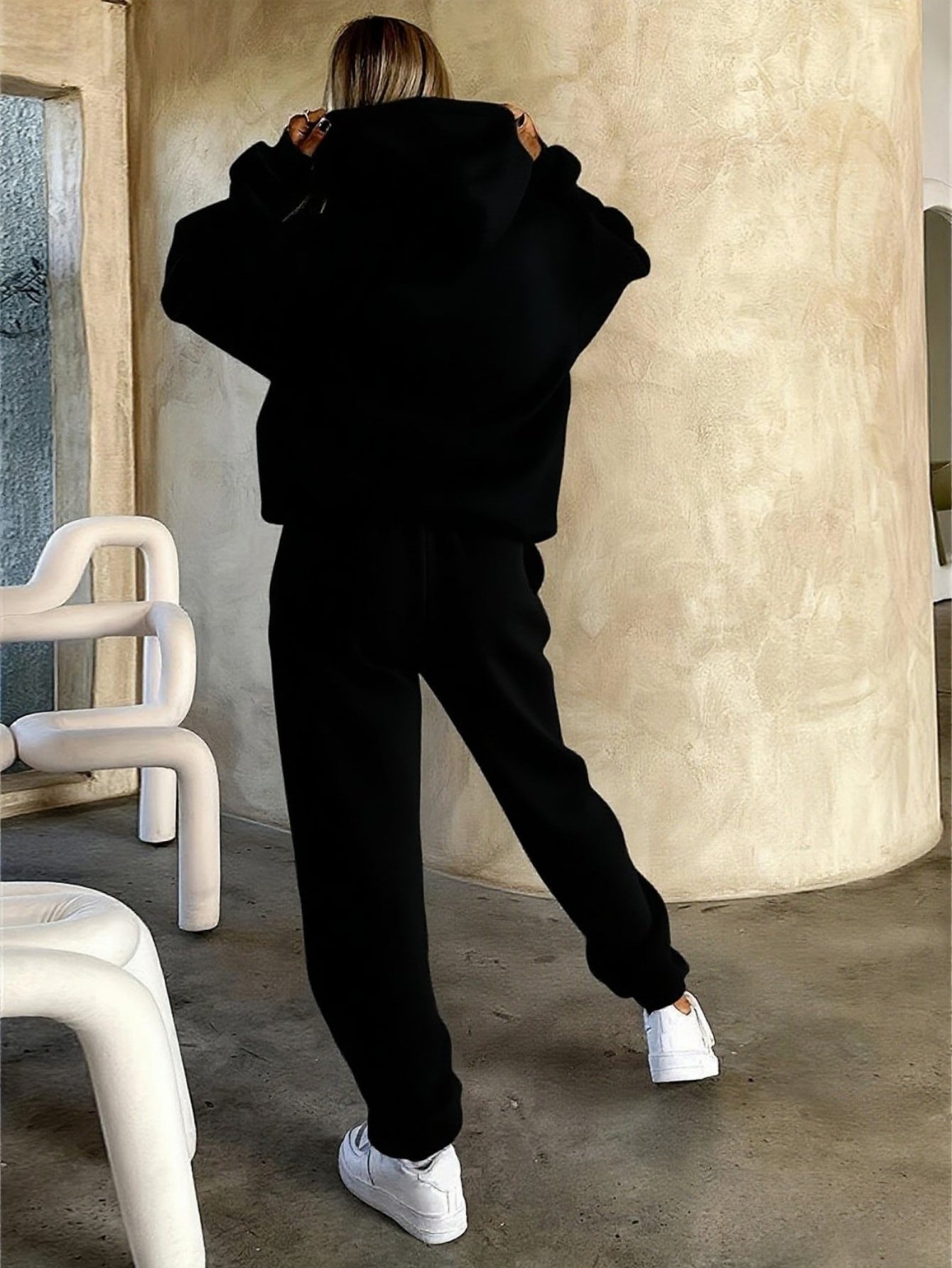 Autumn Winter Women's Casual Sports Two-Piece Set Long Sleeve Hooded Sweatshirt Sweatpants Set Tennis Pattern Lace-Up Pocket Design Simple Versatile Dynamic New Arrival