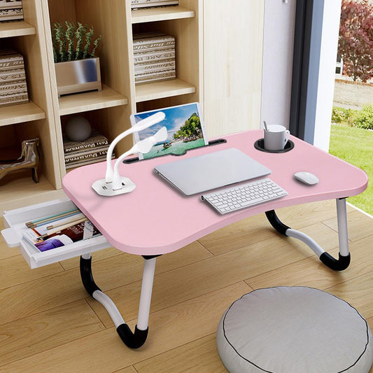 NEW Arrivals Modern Design Folding Laptop Desk with Cup Holder & Tablet Slot - MDF Board & Metal Frame, Anti-Slip Stable for Work/Bed/Dining, Pink, 60×40×26cm