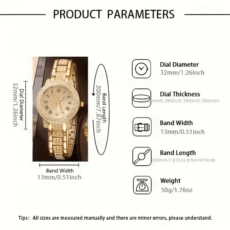 7pcs Set Women's Quartz Watch Concept Decorative Dial Fashion Wristwatch And Accessories Bracelet Necklace Ring Earring Set Suitable for Birthday Gifts And Holiday Parties, Suitable for Women And Students.