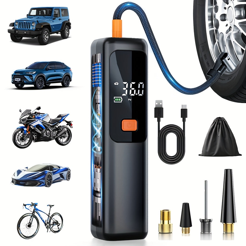 Portable Wireless Air Pump, Air Compressor 150 PSI Tire Inflator | Equipped with Digital LCD Display, USB Fast Charging, Auto Shutoff Safety Protection, LED Light, Compact Design, Rechargeable Lithium Battery, Ideal for Cars,