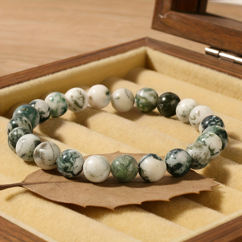 Natural Stone Moss Agate Bracelet, Unisex, Fashionable and Classic, Versatile with Various Outfits, Handcrafted Beaded Bracelet, Gift for Best Friends, Sisters, and Elders, 8mm Round Green Beads