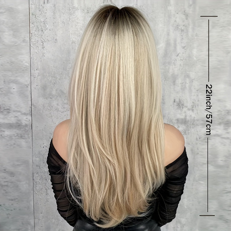 NEW Chic Blonde Ombre Wig for Women - Layered Long Curly Synthetic Hair with Dark Roots, 130% Density, Rose Net Cap