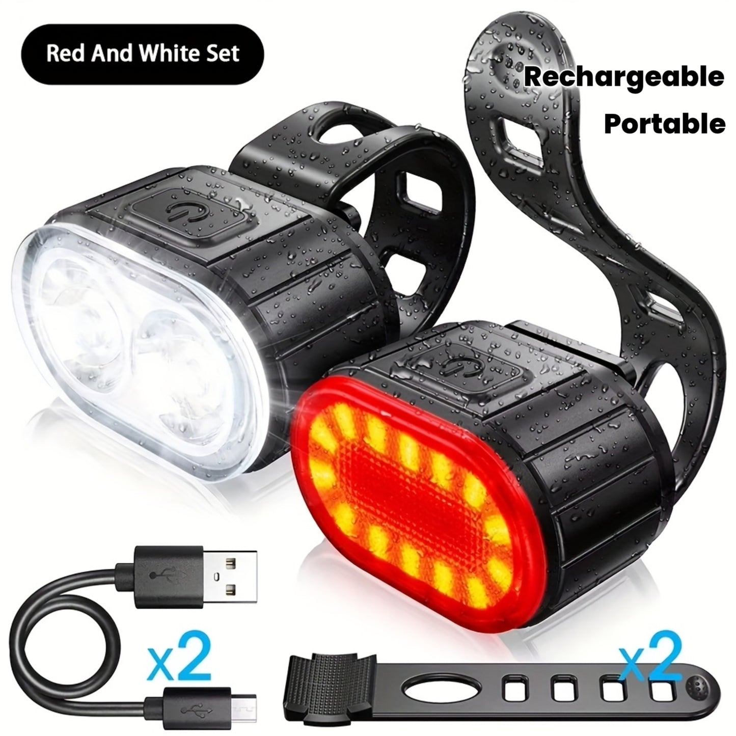 2 PCS Set Bike lights, Complete Set Of Bike lights, White Light Headlight lighting, Red Light Taillight lighting, USB Rechargeable Portable Since The headlight, Bike Tail light, Suitable for Outdoor cycling, Rainy Day Night L
