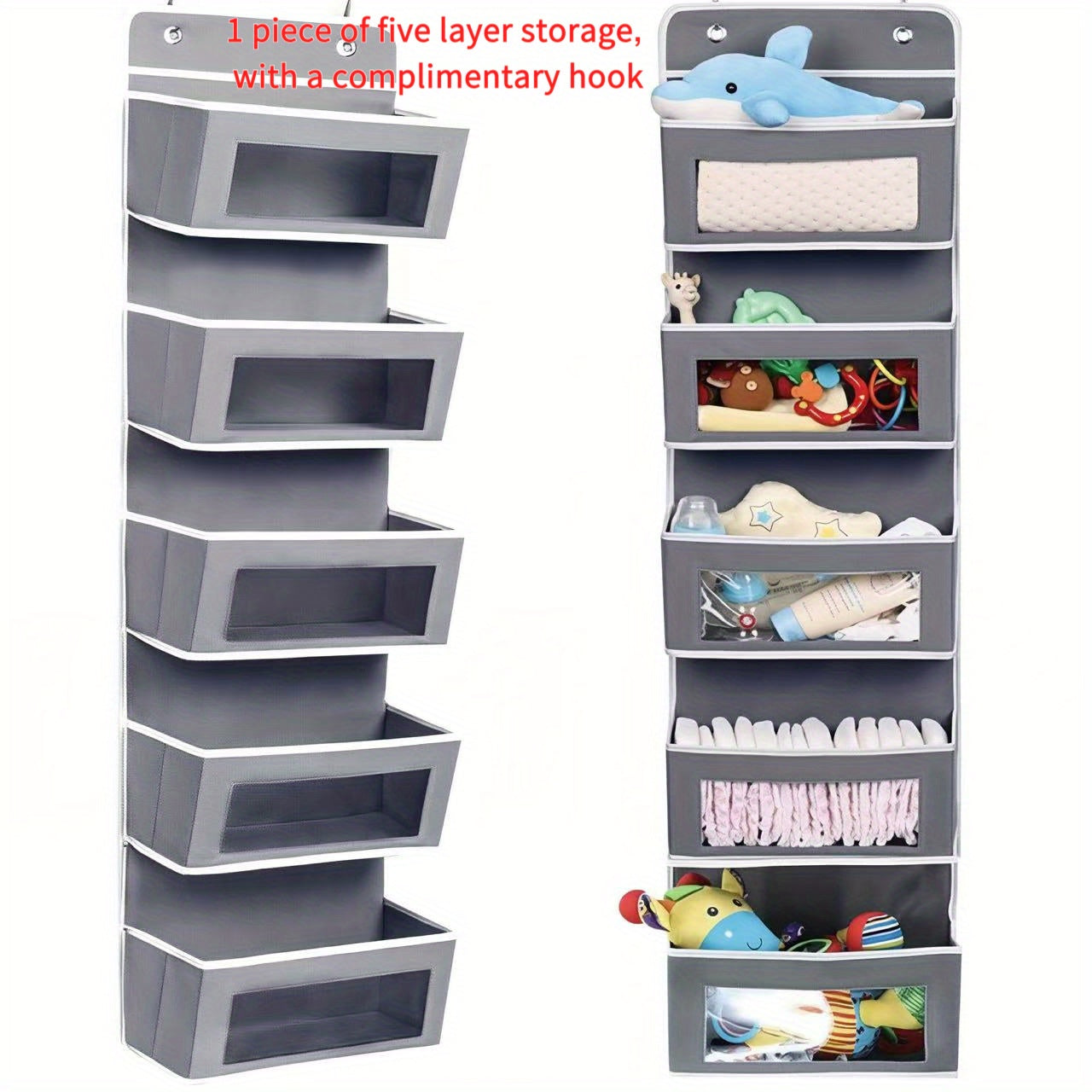 Durable 5-Tier Door Storage Rack - No-Drill Anti-Tip Door Hanging Rack, 44 Lbs Capacity (19.96 Kg), Space-Saving Hanging Storage Shelf, Suitable for Closets, Bathrooms, Kitchens, Nurseries - Easy-To-Clean Fabric Structure, Pe