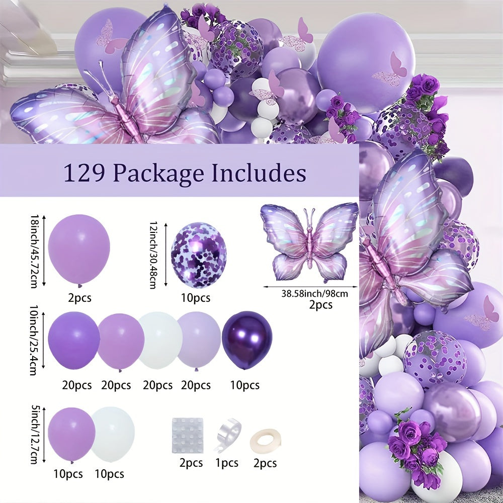 129pcs Purple Butterfly Balloon Garland Arch Kit - Elegant Purple & Balloon Set with Heart-Shaped Balloons, Perfect for Weddings, Birthdays, Anniversaries, Valentine'S Day, Christmas, Halloween, Party Decorations, Graduations