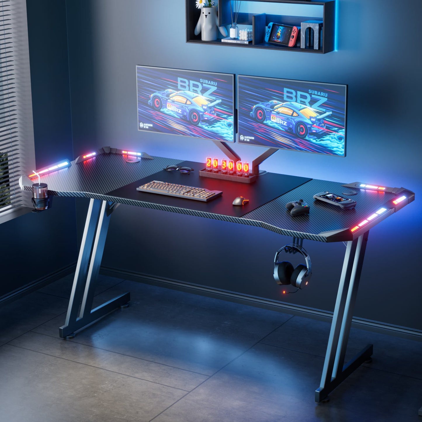 NEW RGB Gaming Black Desk Full Set with LED Lights and Mouse Pad, Large Ergonomic Computer Desk with Cup Holder & Headphone Hook, Modern Carbon Fiber Design for PC Gaming & Home Office