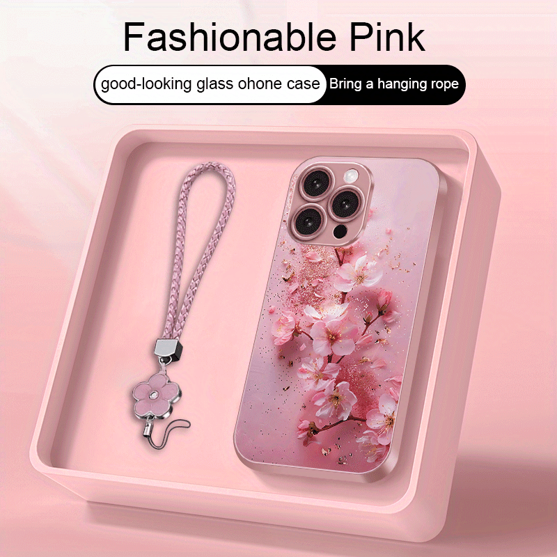 Golden-Plated Cherry Blossom Metal Paint Glass Phone Case with Lanyard for iPhone 16/16 Plus/16 Pro/16 Pro Max/15/15 Plus/15 Pro/15 Pro Max/14/14 Plus/14 Pro/14 Pro Max/13/13 Pro/13 Pro Max/13 Mini/12/12 Pro/12 Pro Max/12 min